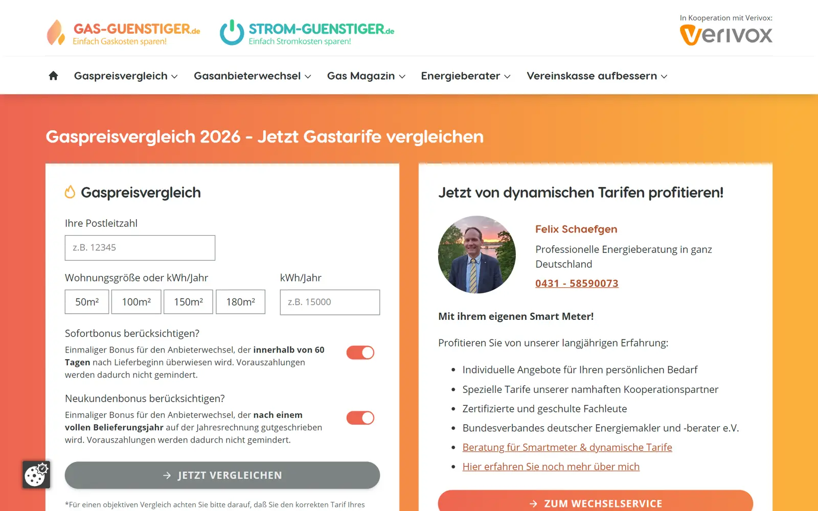 Startseite von gas-guenstiger.de mit Städteseiten