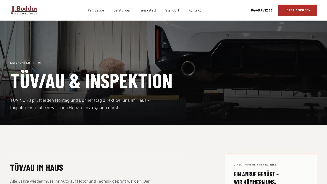 Leistungsseite TÜV/AU und Inspektion der Kfz-Werkstatt J. Budden