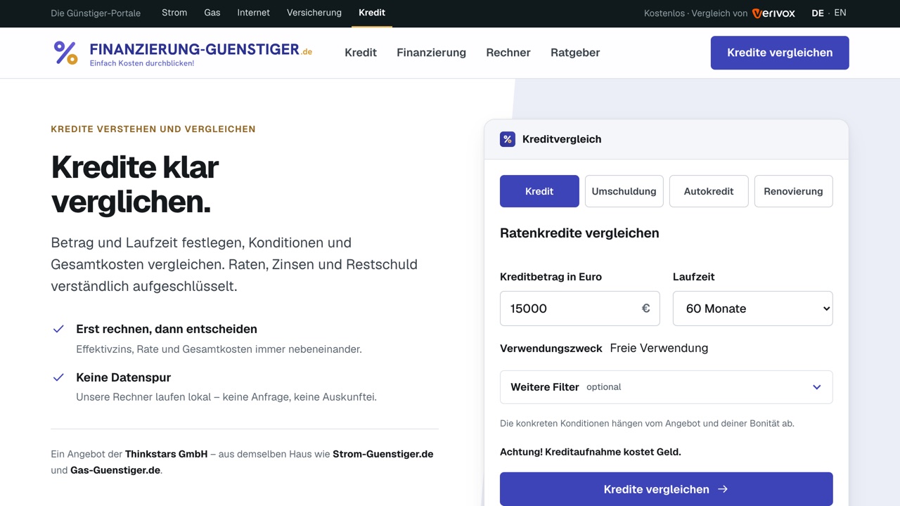 Startseite von finanzierung-guenstiger.de mit Kreditvergleich