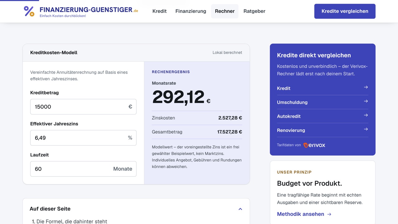 Kreditkosten-Rechner auf finanzierung-guenstiger.de mit Monatsrate und Gesamtbetrag