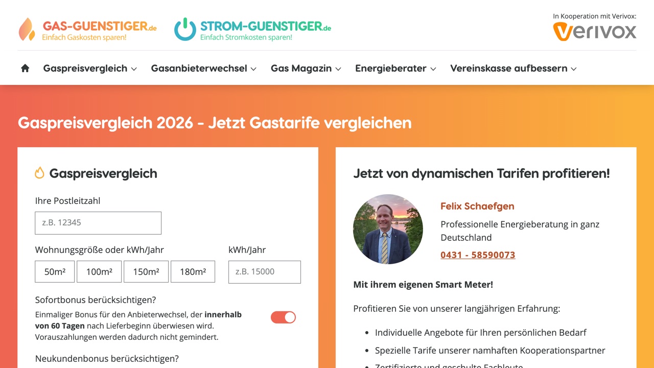 Startseite von gas-guenstiger.de mit Gaspreisvergleich