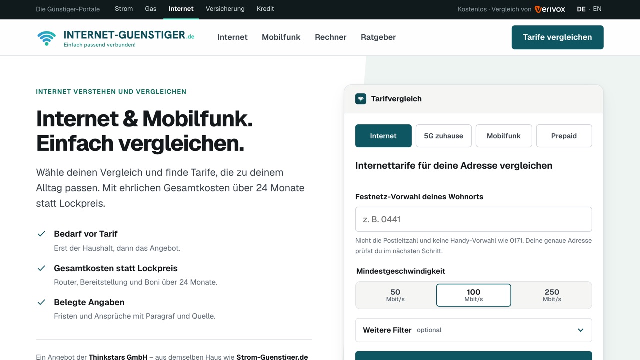 Startseite von internet-guenstiger.de mit Tarifvergleich für Internet und Mobilfunk