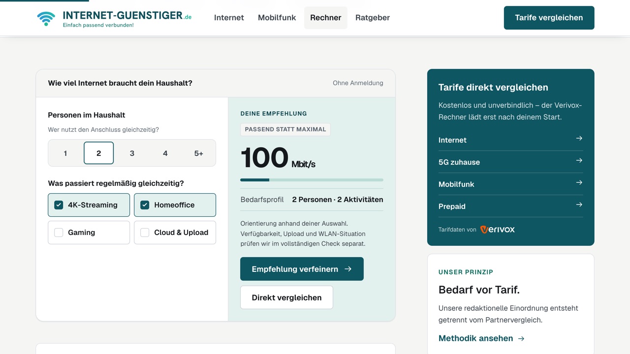 Speed-Advisor auf internet-guenstiger.de mit Bandbreiten-Empfehlung