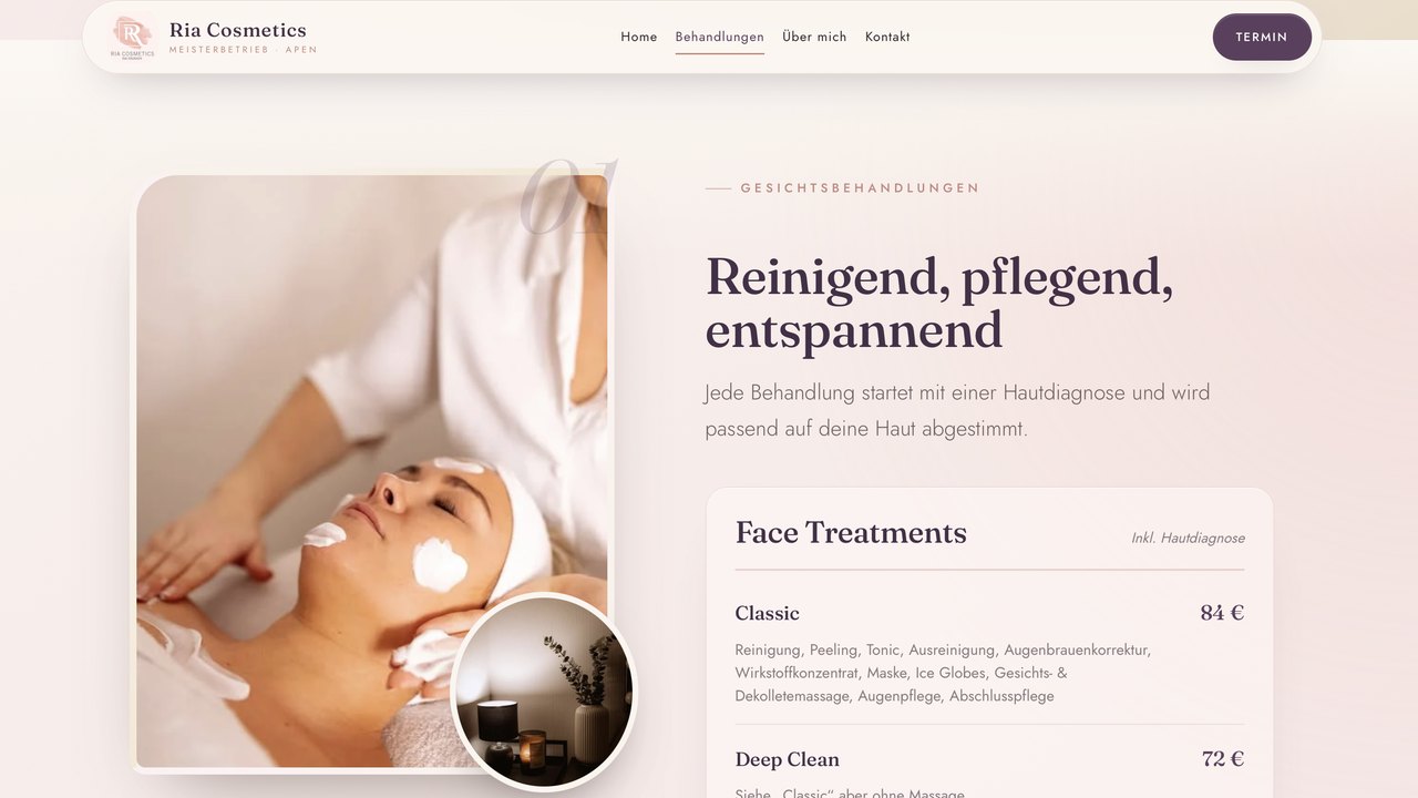 Behandlungsseite von Ria Cosmetics mit Gesichtsbehandlungen und Preisen