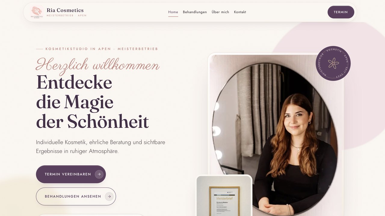 Startseite des Kosmetikstudios Ria Cosmetics