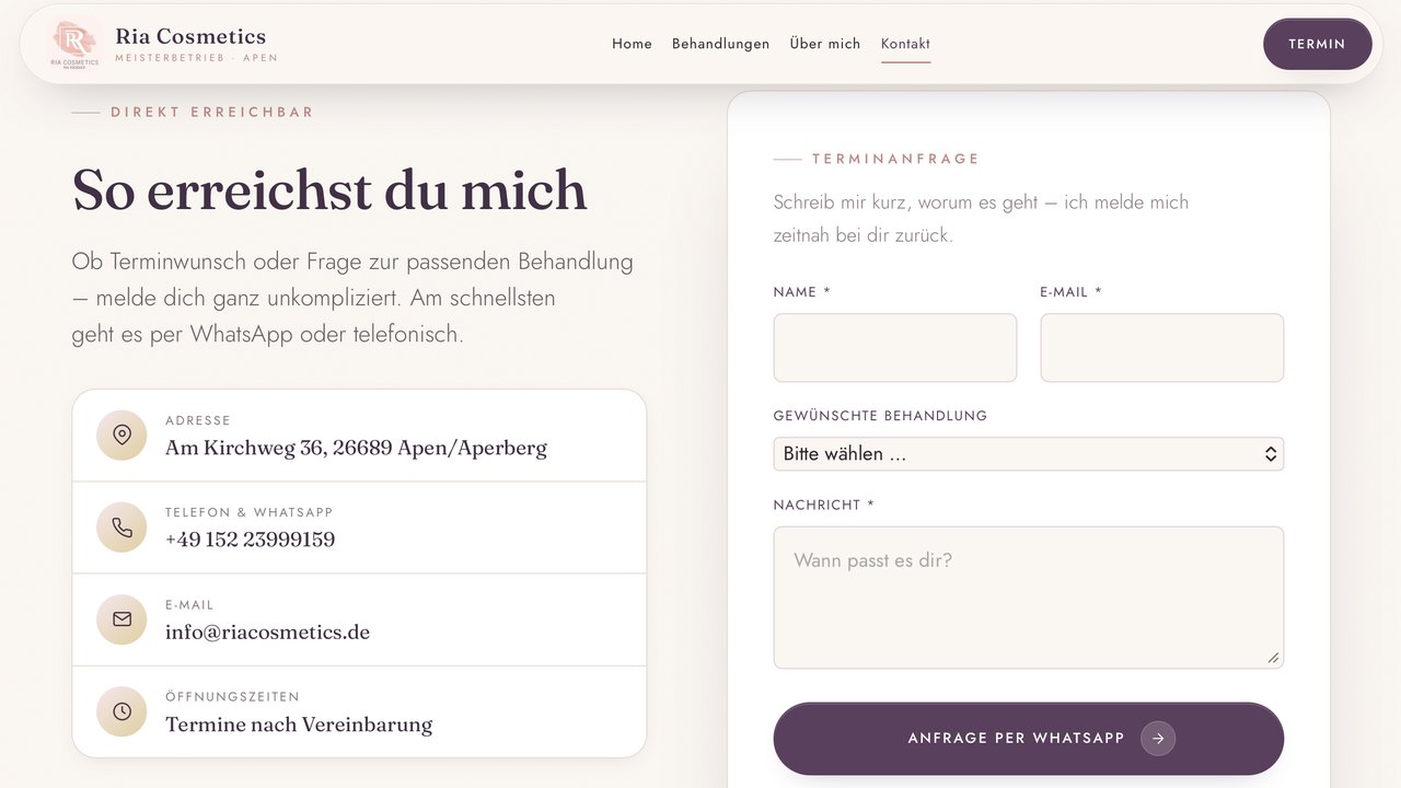 Kontaktseite von Ria Cosmetics mit Terminanfrage per WhatsApp