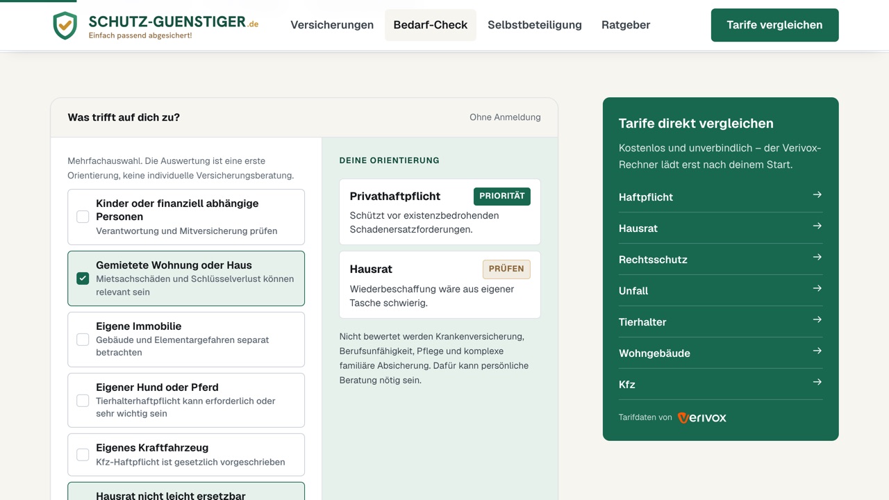 Interaktiver Bedarf-Check auf schutz-guenstiger.de