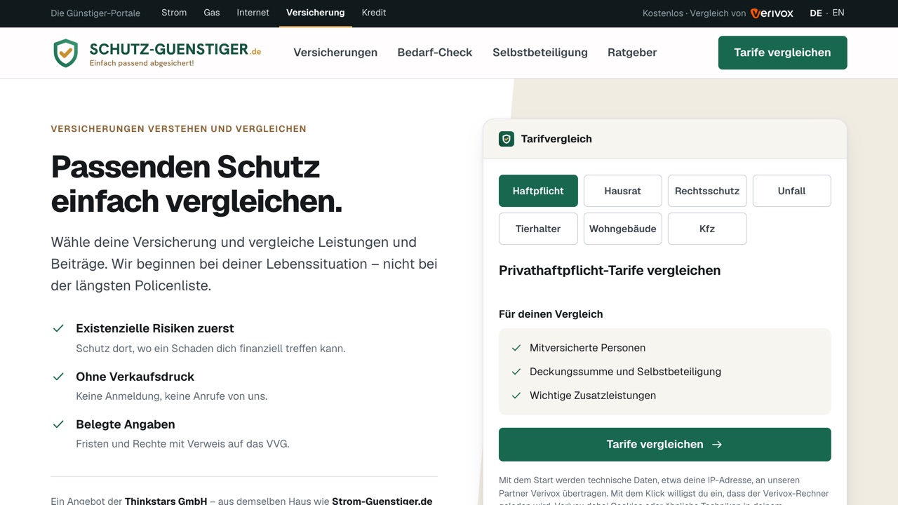 Startseite von schutz-guenstiger.de mit Versicherungsvergleich