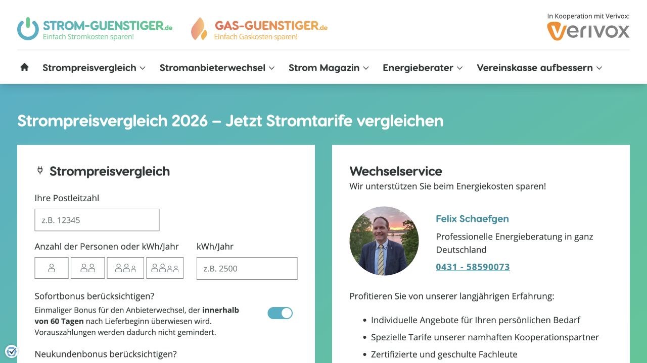 Startseite des Stromvergleichsportals strom-guenstiger.de